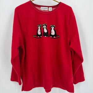 Cathy Daniels Fleece Cat Pullover Sweater Y2K Vintage Womens XL Red Christmas‎